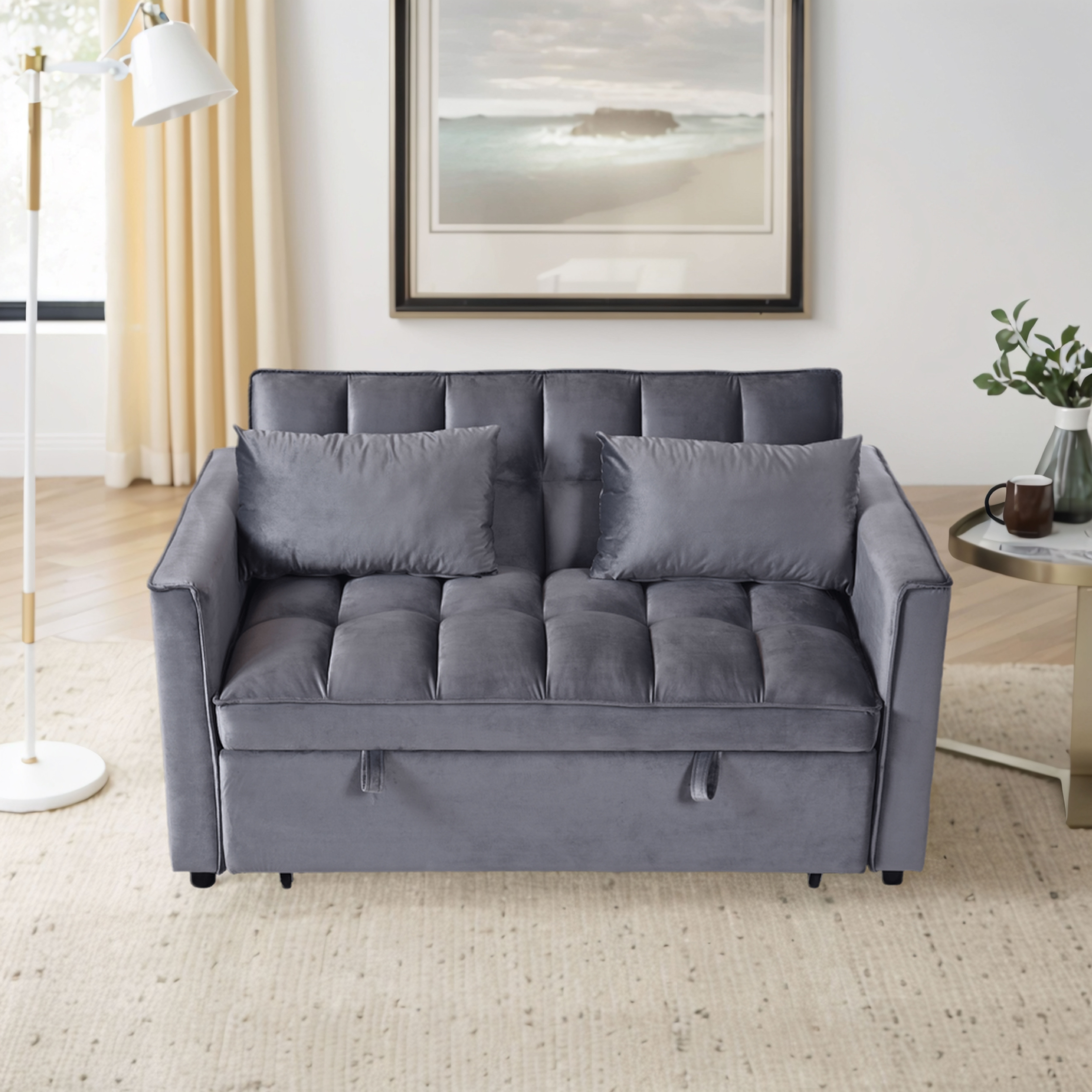 Convertible Sofa Bed, 3-in-1 Velvet Sleeper Sofa Couch with Pullout Bed, Pull Out Couch with Side Pockets and Adjustable Backrest, Sectional Sofa for Living Room, Grey, Made in Vietnam Convertible Sofa Bed, 3-in-1 Velvet Sleeper Sofa Couch with Pullout Bed, Pull Out Couch with Side Pockets and Adjustable Backrest, Sectional Sofa for Living Room, Grey, Made in Vietnam